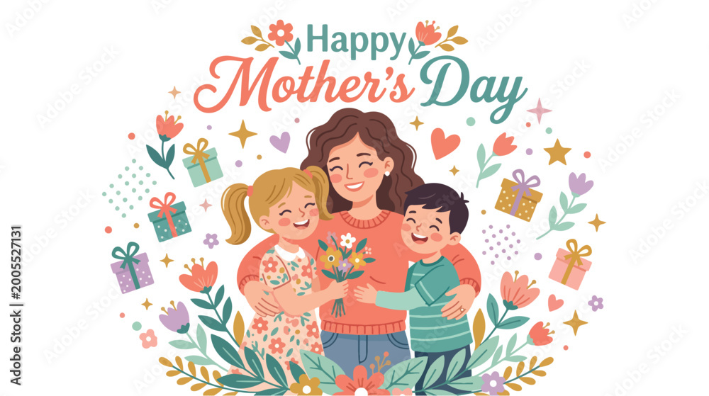 Obraz premium Happy Mother’s Day Family Love Flat Vector Illustration