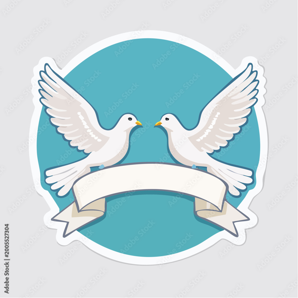 Obraz premium Two white doves with a ribbon banner
