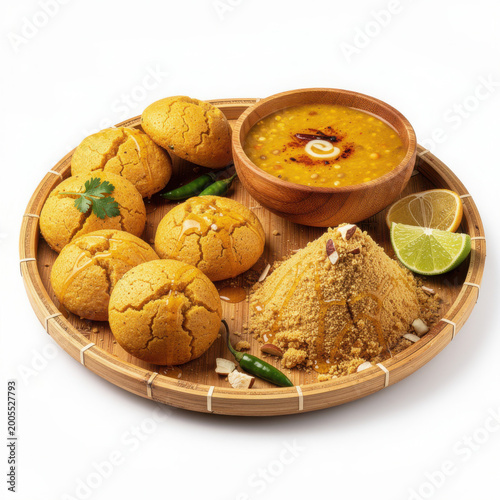 Dal Baati Churma Isolated on White Background Square Composition Studio Shot