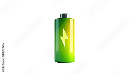 Cylindrical green battery with glowing yellow lightning bolt symbol