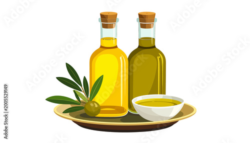 Two glass bottles filled with golden liquid, a bowl of oil, and olive sprigs