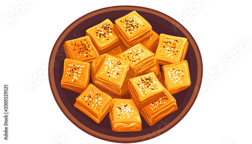 A dark brown bowl filled with golden, square baked goods topped with seeds