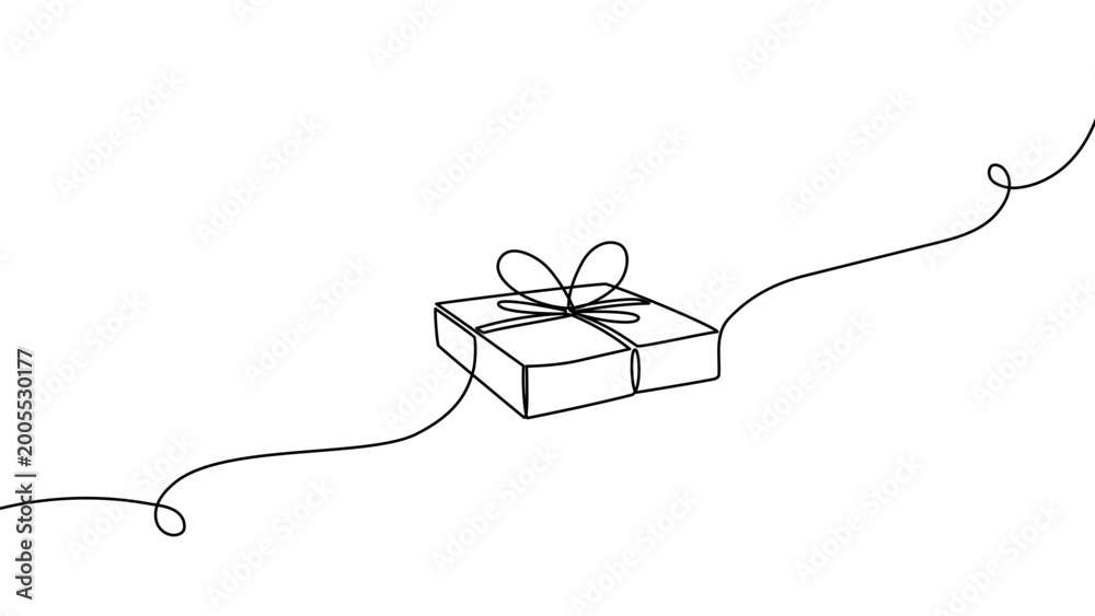 Fototapeta premium Continuous one line gift design box vector illustration art drawing ribbon. Gift box birthday icon isolated abstract present valentine paper delivery concept doodle wedding open love fashion happy