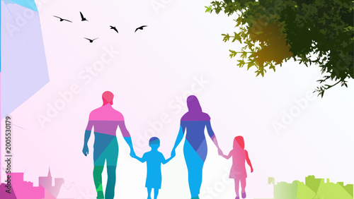 Happy family walking together under colorful sky