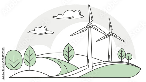 Gentle wind turbines generate clean energy in a serene green landscape under a cloudy sky.