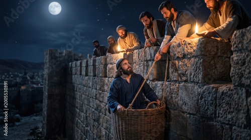 Apostle Paul escaping from Damascus city in basket lowered by rope over high stone wall at night. Biblical scene from Acts of the Apostles. Followers helping man to flee safely.