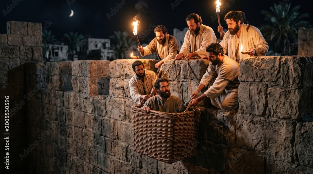 Fototapeta premium Saul apostle of Christ escaping Damascus. Group of men lowering a man in a woven wicker basket from a stone city wall at night with torches. Biblical scene based on Acts of Apostles.