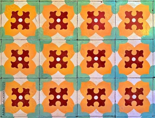 Bild auf Leinwand Vintage ceramic floor tiles featuring a geometric floral pattern