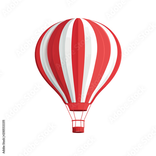 A red and white striped hot air balloon with a basket on a black background