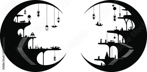 Surreal Crescent Moon Village Silhouette Collection with Hanging Lanterns Stairways and Dreamlike Fantasy Vector Illustration