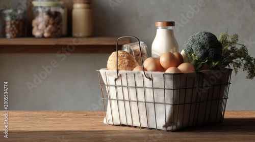 Wire basket filled with various food items on a wooden table. the basket is made of a light-colored fabric and has a handle on top.