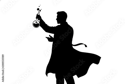 Vászonkép Research Silhouette in Action: A shadowy figure of a researcher, enveloped in a lab coat, meticulously holds a flask filled with mysterious liquid, symbolizing scientific exploration