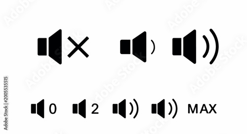 A set of black volume and speaker icons showing mute and varying loudness levels for user interface designs