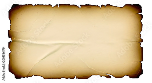 A vintage parchment with a worn and torn edge on a white background