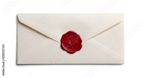 A sealed white envelope with a red wax stamp on a plain background