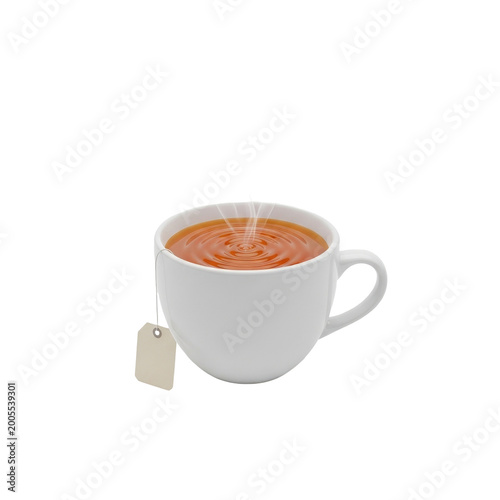 Fresh Hot Coffee in White Ceramic Cup with Tea Bag and Tag