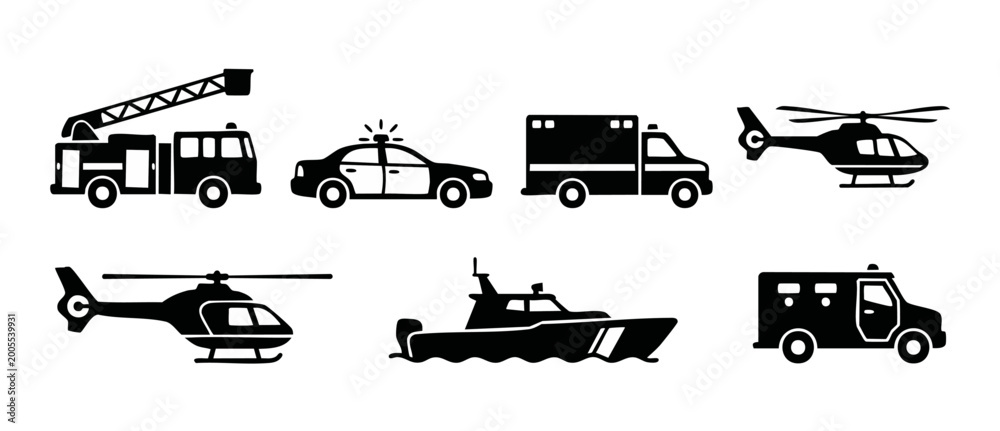 Fototapeta premium Emergency Services Vehicles Icons Set, Police Car and Fire Truck, Ambulance, Helicopter and Rescue Boat Silhouettes for Public Safety and First Response Transportation Graphic Design Assets on White B