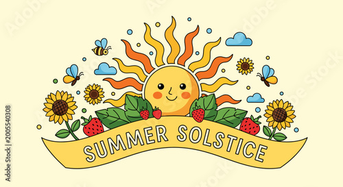 Принти на полотні A cheerful cartoon sun with a smiling face, surrounded by sunflowers, strawberries, leaves, butterflies, and bees, celebrating the Summer Solstice
