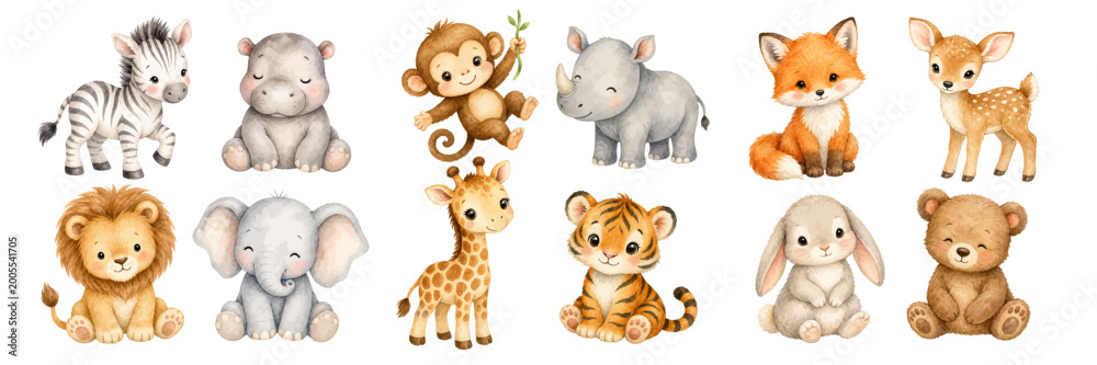Fototapeta premium A charming watercolor collection of cute baby jungle animals featuring zebra hippo monkey rhino fox deer lion elephant giraffe tiger bunny and teddy bear in a soft nursery illustration style