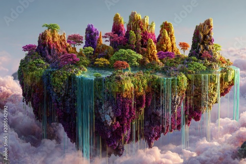 Floating island with vibrant trees and waterfalls in sky