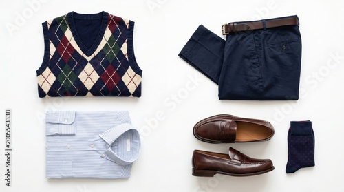A stylish outfit arrangement featuring a sweater vest, folded jeans, dress shoes, and socks on a white surface.