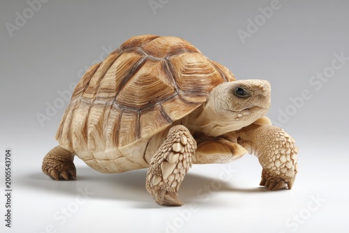 Tortoise walking on white surface studio lighting