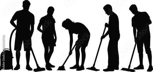 Tableau sur toile Cleaning workers silhouettes collection with vacuuming mopping sweeping and hous