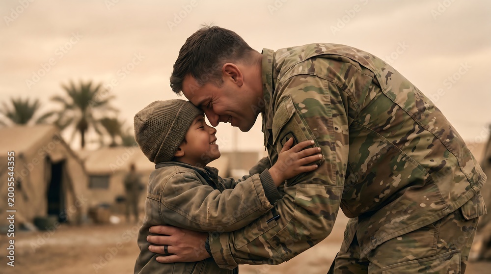 Fototapeta premium Emotional reunion a soldier embraces a young child in a war torn landscape