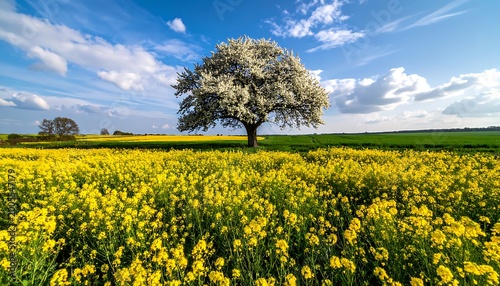 A tree blooms amidst a vibrant field of flowers under a blue sky