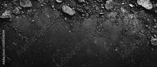 The black-and-white texture of cracks and debris provides a stark backdrop for themes of decay, resilience, or the visualisation of the effects of time, conflict and oblivion.