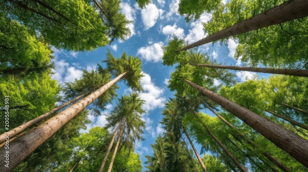 Fototapeta premium Lush Green Forest Scene with Tall Trees Reaching Towards a Bright Blue Sky Filled with White Clouds from a Ground Perspective