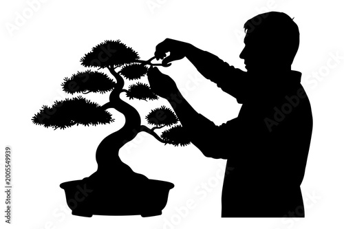 Obraz na płótnie Silhouette illustration of a man carefully pruning a small bonsai tree with scissors