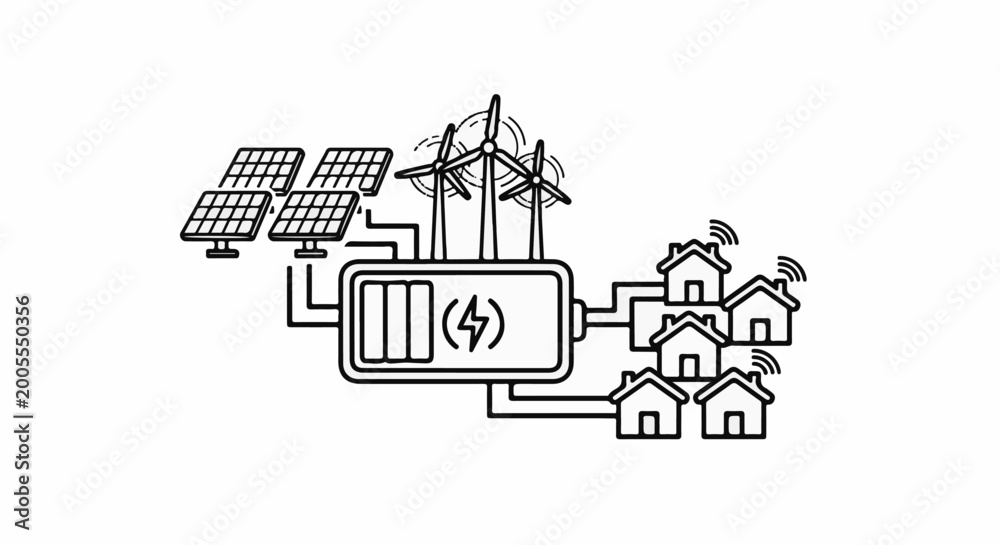 Naklejka premium Renewable energy sources power homes via battery storage