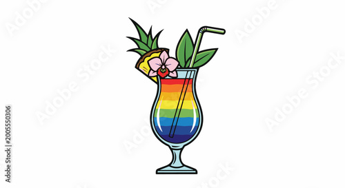 Rainbow layered cocktail with pineapple slice, flower, and straw