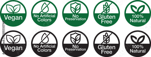 Vegan, no artificial colour, no preservatives, gluten free, 100% natural stamp icon set vector