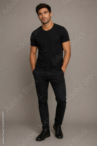 Full body portrait of stylish young man in black outfit, modern fashion concept