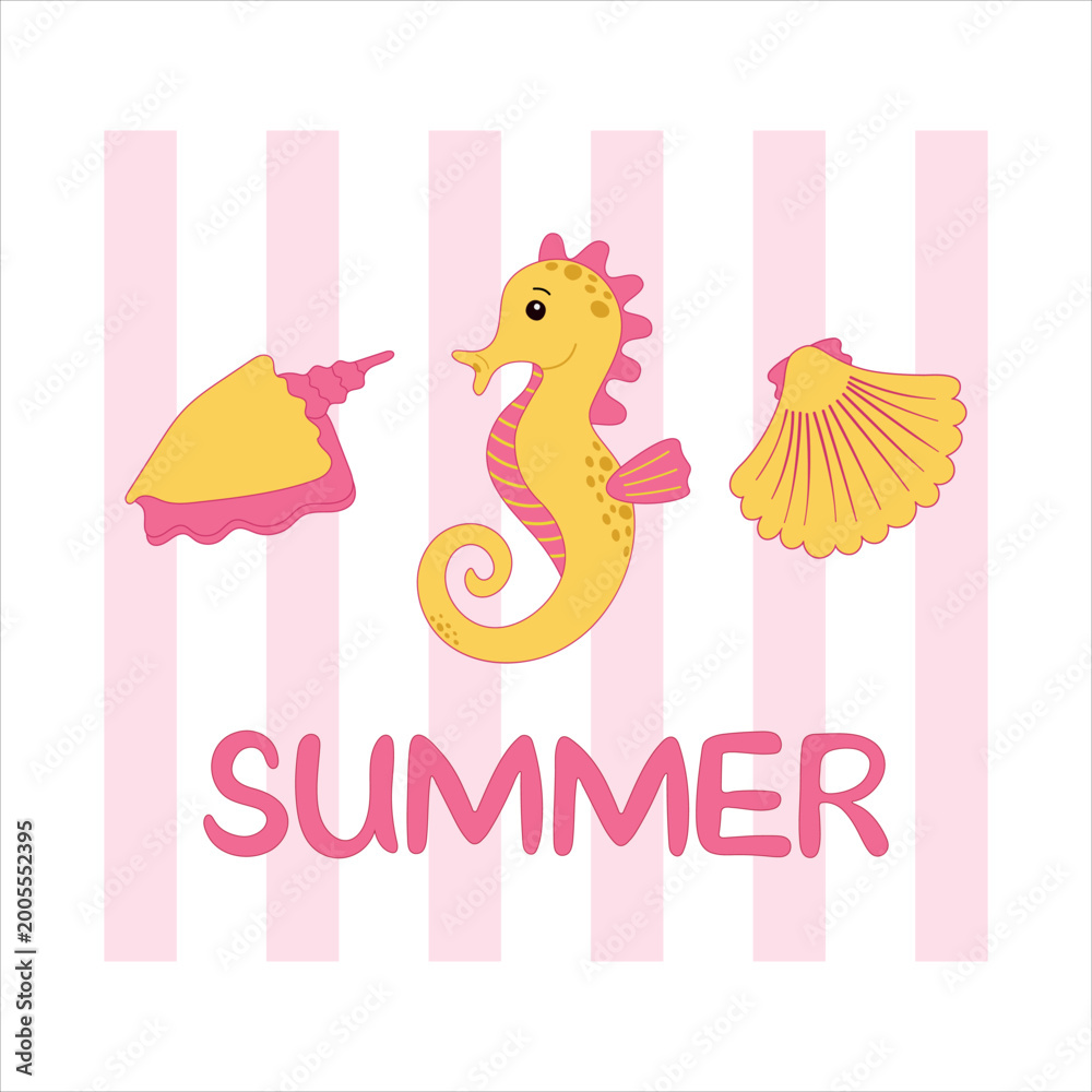 Obraz premium Vector illustration of summer sea life with a yellow seahorse, shell, and scallop on a pink striped background with the word 