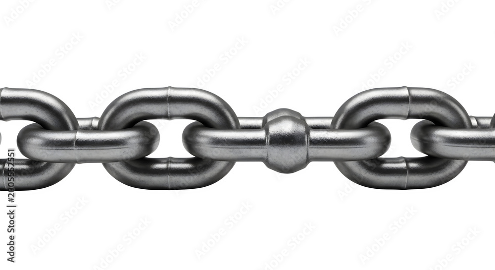 Fototapeta premium Close-up of metal chain isolated on transparent background. A detailed view of a metallic chain with a cylindrical link and rounded chain links, ideal for industrial or hardware concepts