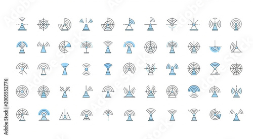 Collection of various antenna icons representing communication and technology concepts.