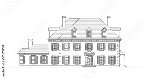 Colonial style house architectural line drawing on white background