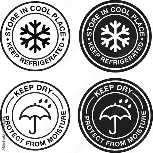 Store in cool place and keep dry moisture protection stamp icon set vector