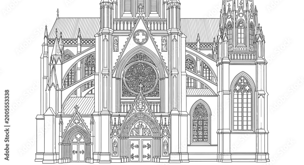 Obraz premium Detailed architectural sketch of a grand Gothic church facade