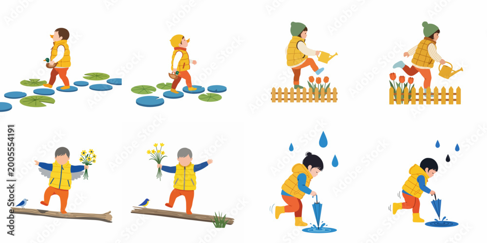 Fototapeta premium Collection of illustrations featuring a young child in a yellow vest enjoying various outdoor activities like gardening, balancing on a log, and rain play.