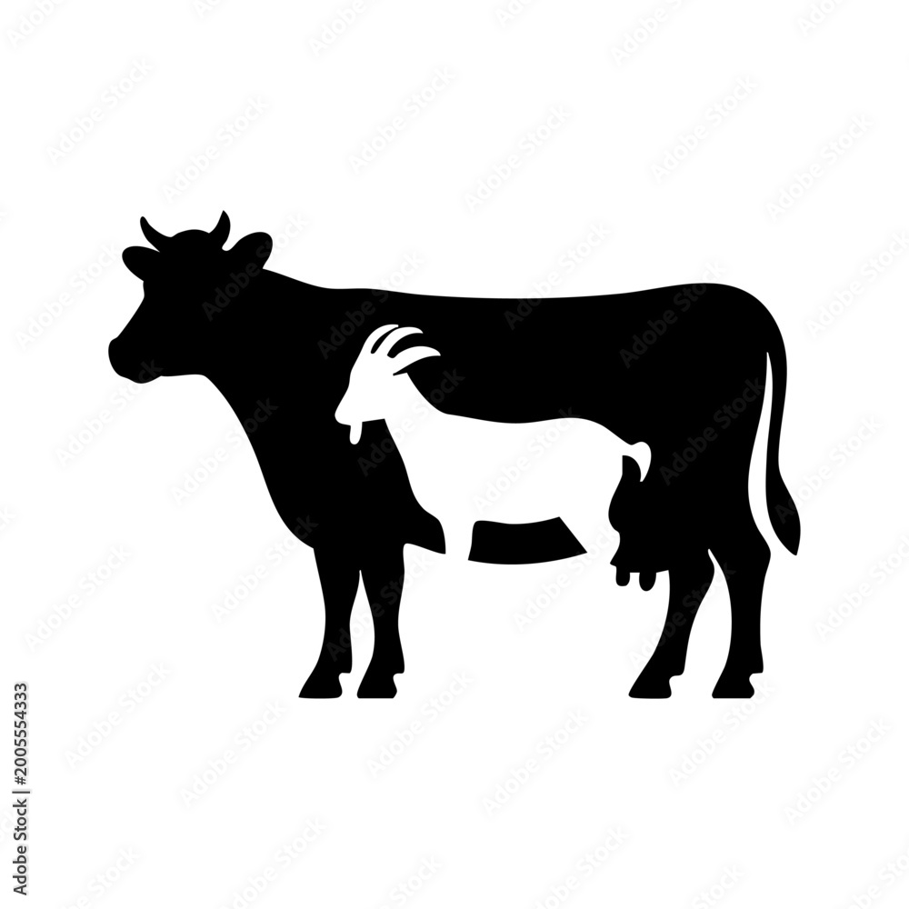 Fototapeta premium Minimalist Cow and Goat Silhouette Vector Illustration, Dairy Farm Logo with Cow and Goat Negative Space, Livestock Animals Icon Set for Agriculture and Butchery, Livestock Animals Icon Set for Agricu