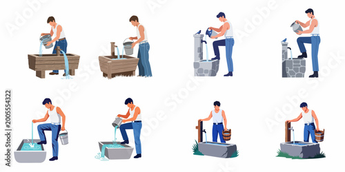 Canvastavla Set of flat vector illustrations featuring a man pouring and gathering water using buckets at various traditional fountains, troughs, and basins