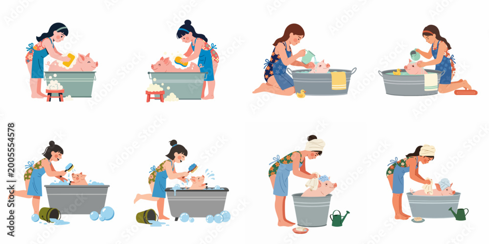 Fototapeta premium Set of illustrations showing a young girl washing and grooming a cute piglet in a bathtub, featuring soap bubbles and various bath accessories.