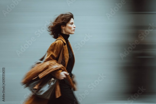 Woman walking fast outdoors with brown coat and handbag, motion blur background, side view of confident female in autumn outfit, urban street style and movement.