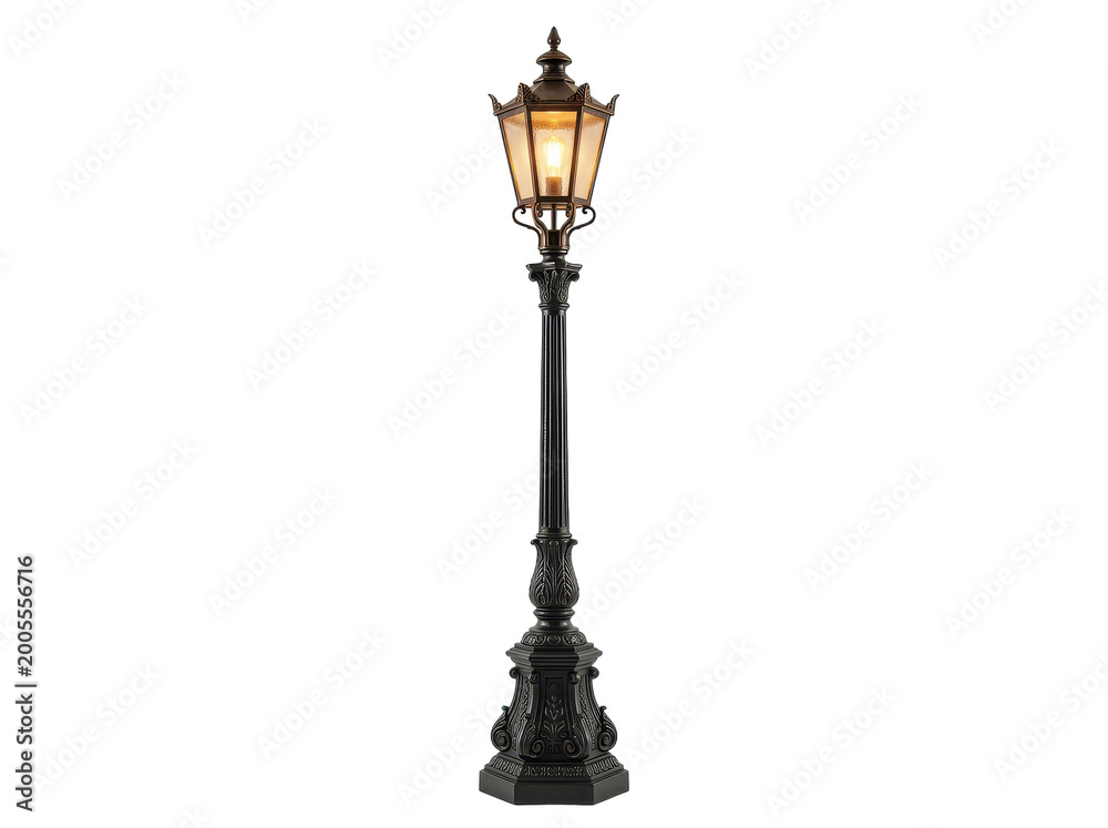 Obraz premium A classic black victorian-style street lamp with warm lighting stands alone on a white background
