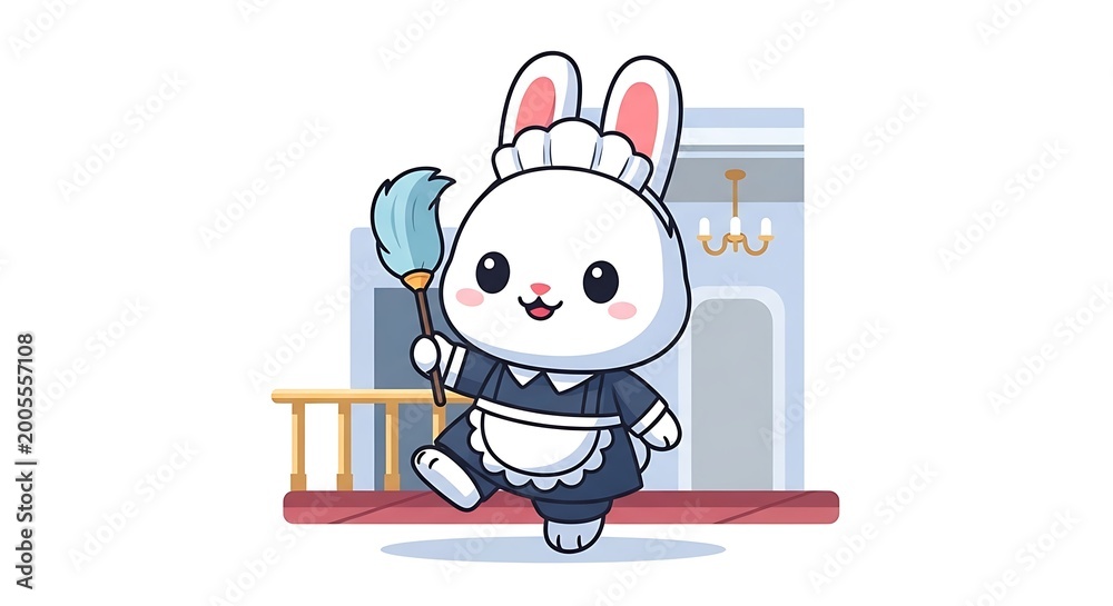 Fototapeta premium A cartoon rabbit dressed as a maid holding a duster, smiling happily on a blurred indoor background