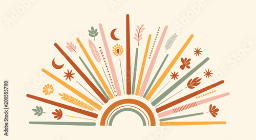 Fotografie Bohemian sunburst with rainbow, moon, stars, and botanical elements in warm earthy tones